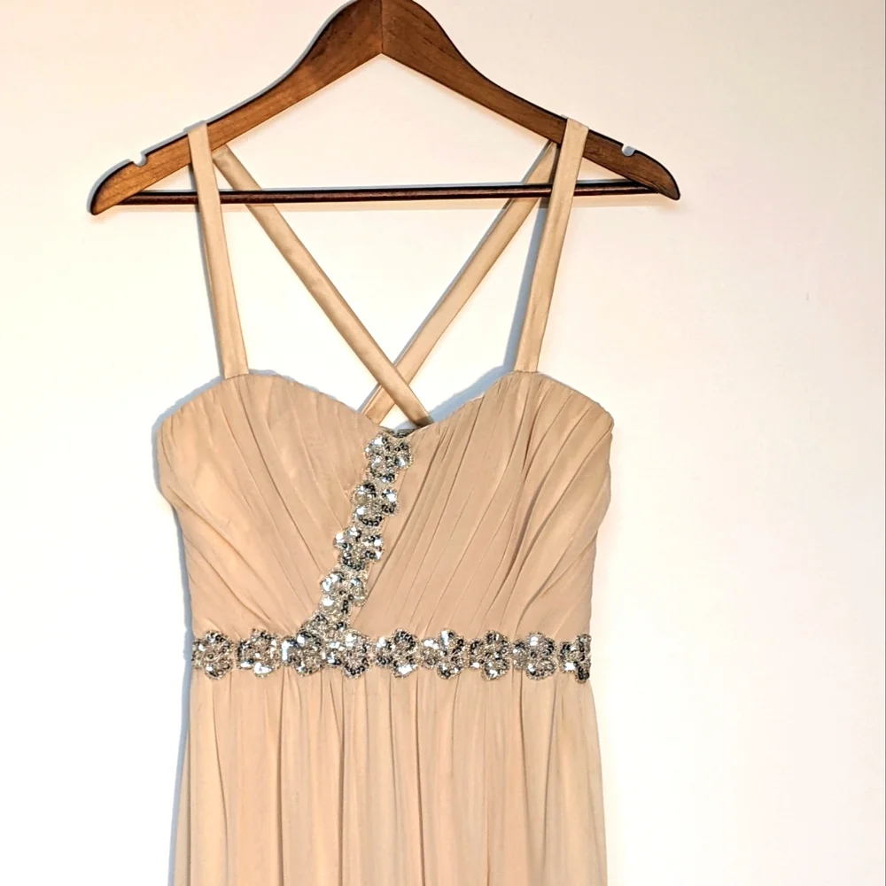 City Triangle Beige Shoulder Strapped Gown w/ Pleated Chest & Side Slit, 7 - Picture 3 of 12